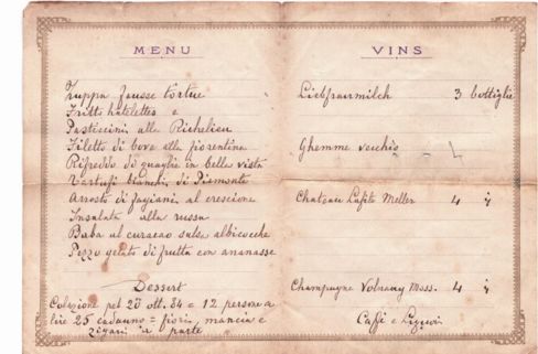 Un menu del 1884 a Milano