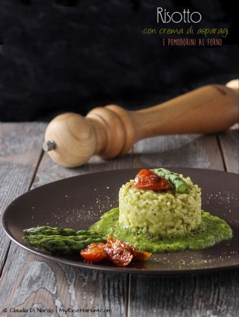 Risotto con crema di asparagi e pomodorini al forno