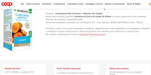 Coop, Arkocapsule Bio Curcuma e Piperina di Arkopharma: richiamo per rischio chimico
